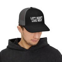Load image into Gallery viewer, Lift Heavy Live Holy Trucker Hat