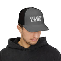 Load image into Gallery viewer, Lift Heavy Live Holy Trucker Hat